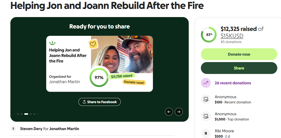 GoFundMe campaign page for Helping Jon and Joann Rebuild After the Fire