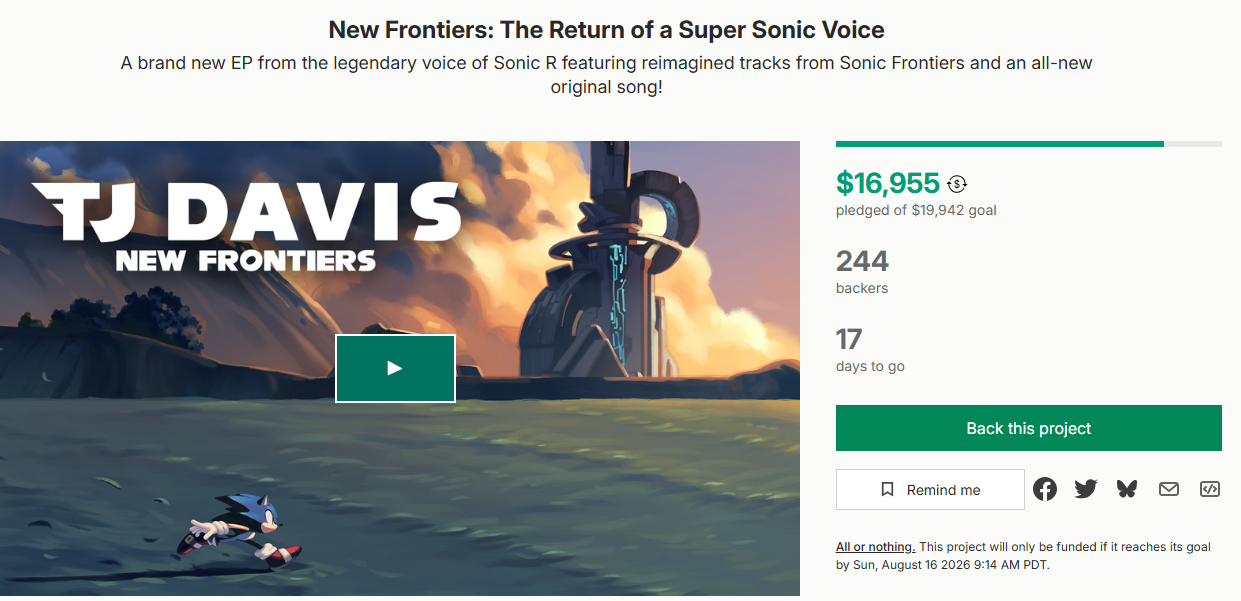 Kickstarter campaign page for New Frontiers: The Return of a Super Sonic Voice